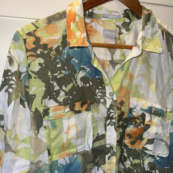 Chico's No-Iron Linen Floral Paradise Shirt Size: 2 US Size 12 - Picture 3 of 16